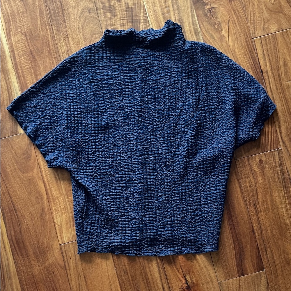 Zara Navy Short-Sleeve Textured Funnel Neck Top